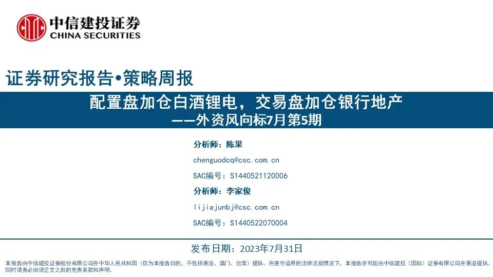 【中信建投策略】配置盘加仓白酒锂电，交易盘加仓银行地产——外资风向标7月第5期